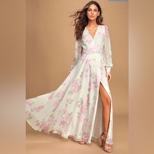 Lulus Women’s XS My Whole Heart White & Pink Floral Long Sleeve Wrap Dress NWT